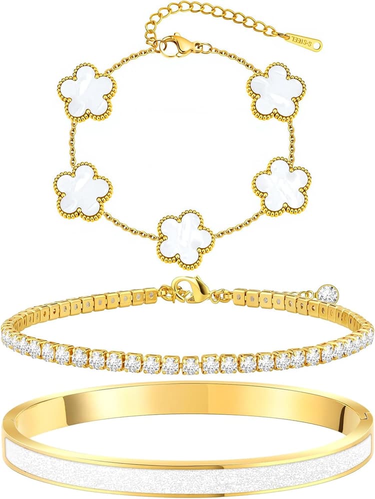 Gold Bracelets for Women, 18K Gold Plated Tennis Nail Clover love Bangle Bracelets Set Non Tarnish, Stainless Steel Trendy Stackable Bracelet Fashion Jewelry Accessories Gifts for Christmas