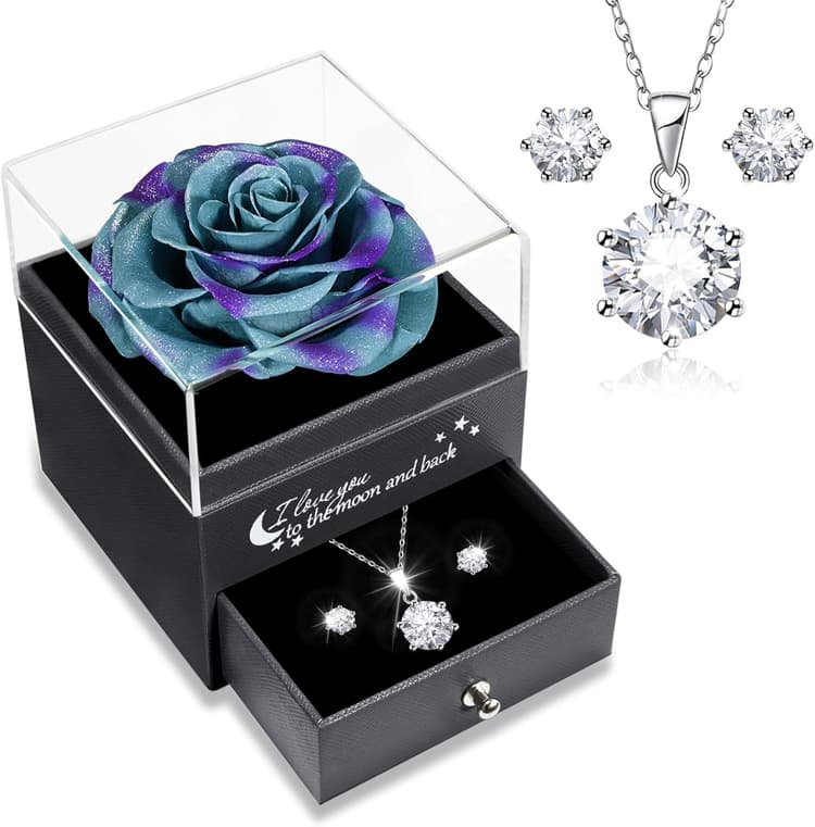 Sunia Cadeau Saint Valentin Femme, Rose Eternelle avec Bijoux Argent 925, Coffret Cadeau Femme, Collier et Boucles d'oreilles,Cadeau Anniversaire Femme,Rose Préservée avec Collier,Coffret Cadeau Maman