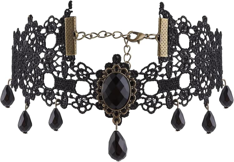 Yolev Collier Gothique Femme Tour de Cou en Dentelle Noire Gothique Steampunk Collier Ras de Cou Noir Avec Cristaux Choker Femme et Fille Cosplay Vampire Fête Vintage Costumes