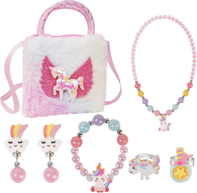 OSDUE Sac Licorne Jouet Bijoux Enfants Fille, Bijoux Enfants Petites Filles Sacs à Main en Peluche Collier Bracelet Boucles d'oreilles Bagues kit Bijoux, Cadeau Fille 2 3 4 5 6 7 Ans