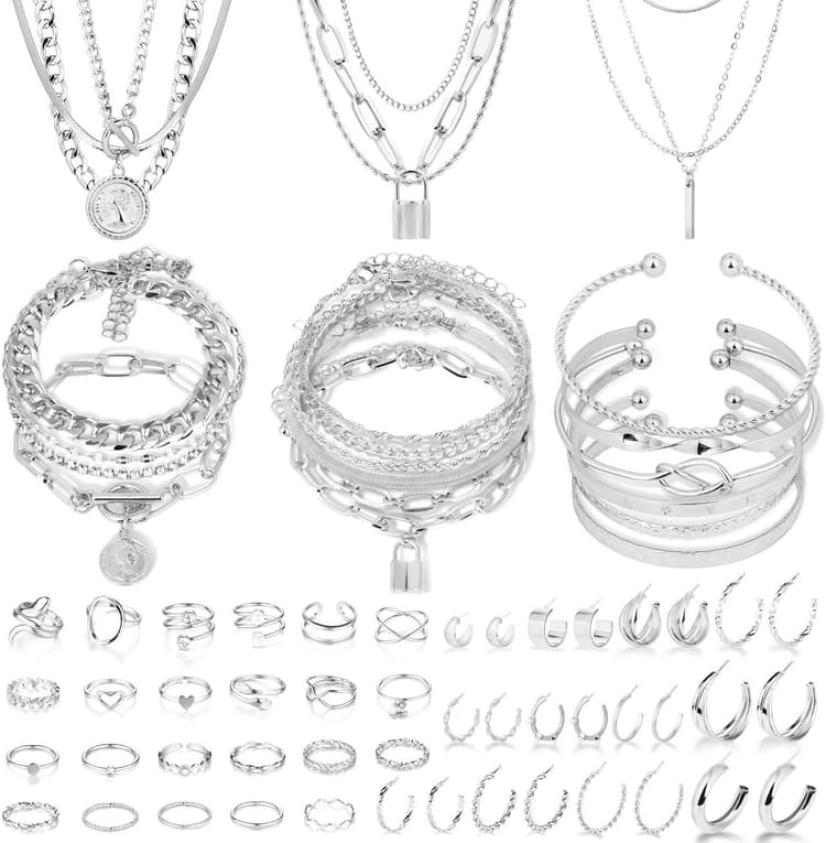 CHICUTIE Gold Jewelry Set For Women,14k Gold Plated Multi Layer Necklaces Bracelets Hoop Earrings Set Stackable Knuckle Rings, Trendy Elegance Charms Non Tarnish Minimalist Textured Boho Jewelry Gift