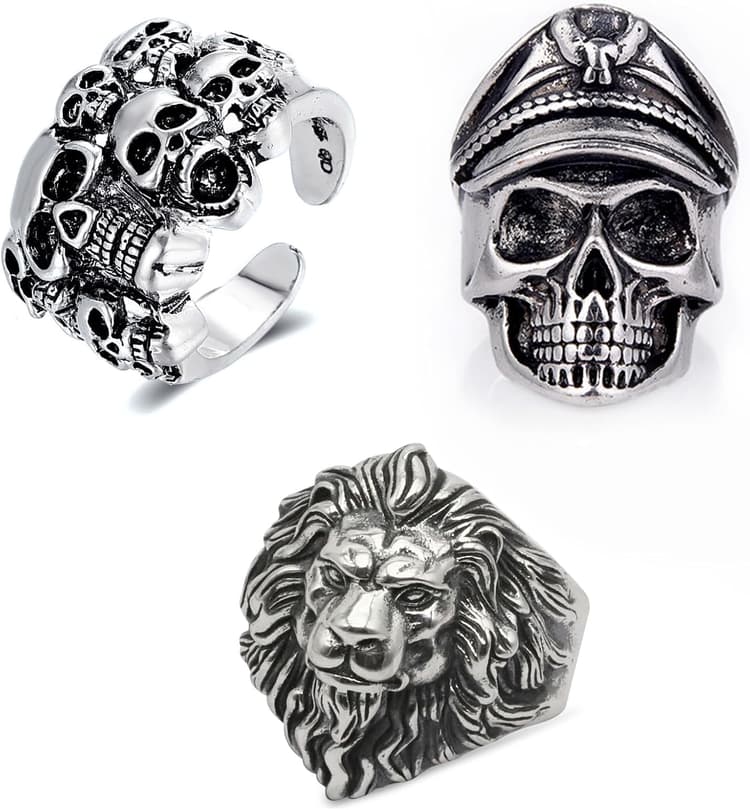 Lithyc Pack de 3 Bagues CrâNe Pour Hommes, Bague Tete de Mort,Bague Homme TêTe de Mort, Bagues de Motard Hip Hop Halloween