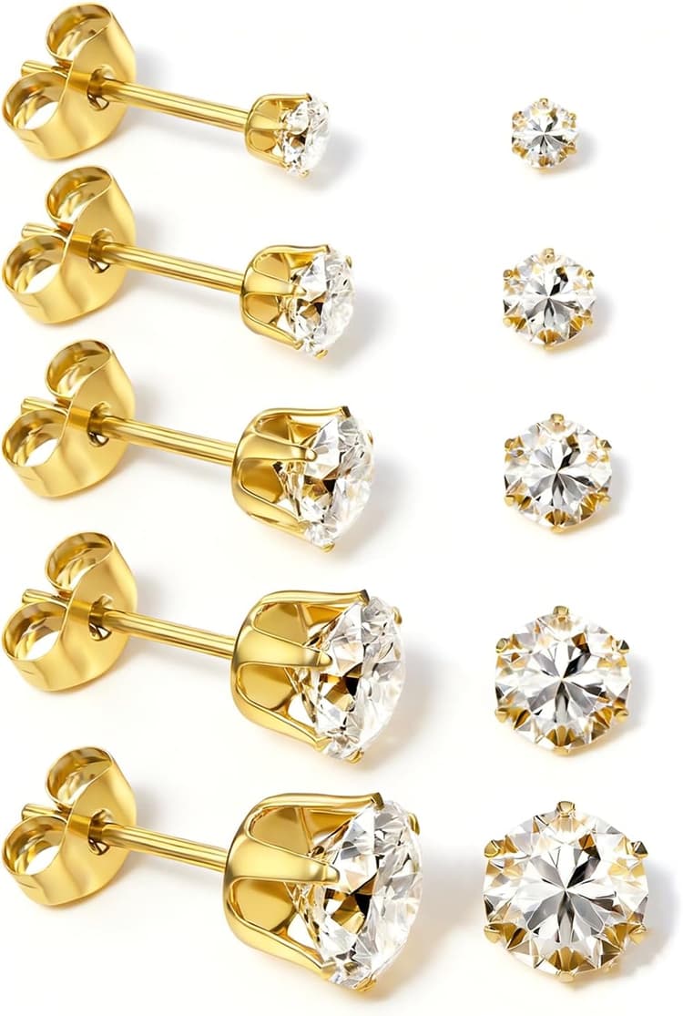 5 Pairs Stainless Steel Stud Earrings Set Silver 14K Gold Plated Stud Earrings 316L Hypoallergenic Cubic Zirconia CZ Earring for Women 3-7 mm