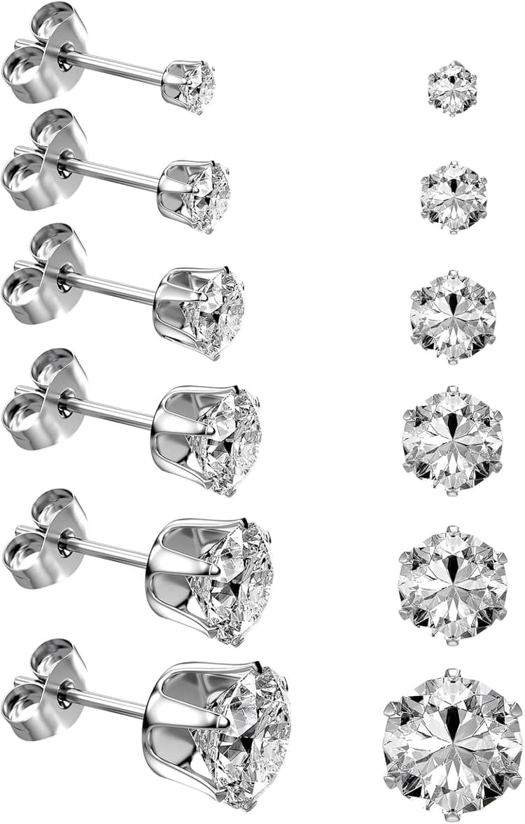 6 Pairs Stainless Steel Stud Earrings Set, Silver 14K Gold Plated 316L Stainless Steel Hypoallergenic Cubic Zirconia CZ Earring for Women Men 3-8mm