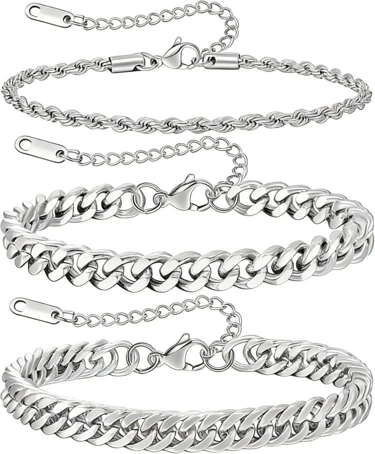 JEMARA 3Pcs Stainless Steel Mens Bracelet,Adjustable Sturdy Silver Cuban Chain Bracelet Set for Men