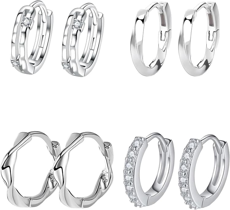 4 Paires Boucles d'Oreilles en Argent Sterling 925 Boucles d Oreilles Créoles Petite Anneaux Huggie Cartilage CZ Creoles Boucles d'Oreilles Argent pour Femmes Filles