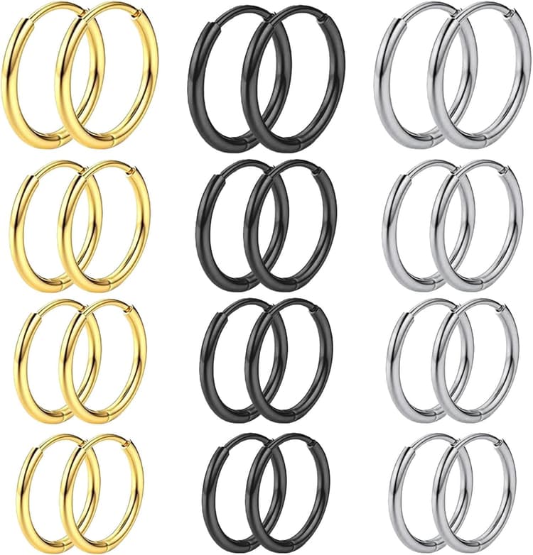 Boucles d'Oreilles, 12 Paires Boucles d'Oreilles Créoles Or/Argent/Noir, Boucle D'oreille Acier Inoxydable, Boucle d Oreille Homme Anneaux, Hypoallergéniques, 8/10/12/14 mm