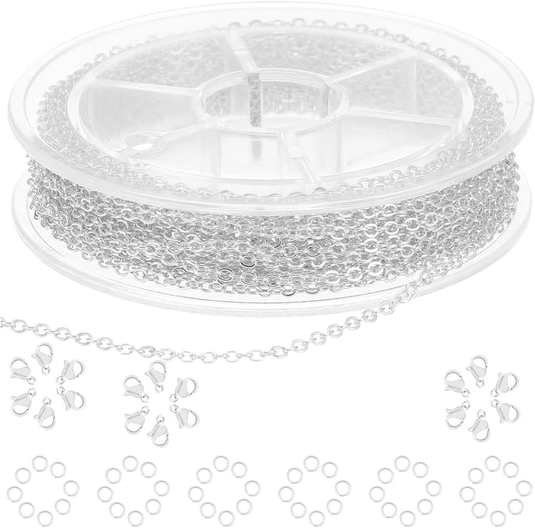 Chaînes fines en acier inoxydable argenté pour la fabrication de bijoux avec anneaux ouverts, fermoirs mousquetons, connecteurs pour loisirs créatifs, colliers, bracelets, bijoux