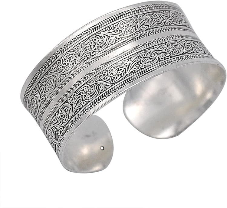 Tibeten Silver Carved Spiral Flower Connecting Branches Pattern Bracelets Vintage Ethnic Elephant Turtle Wide Grooved Open Cuff Bracelet Bangle Party Jewelry for Women Gift