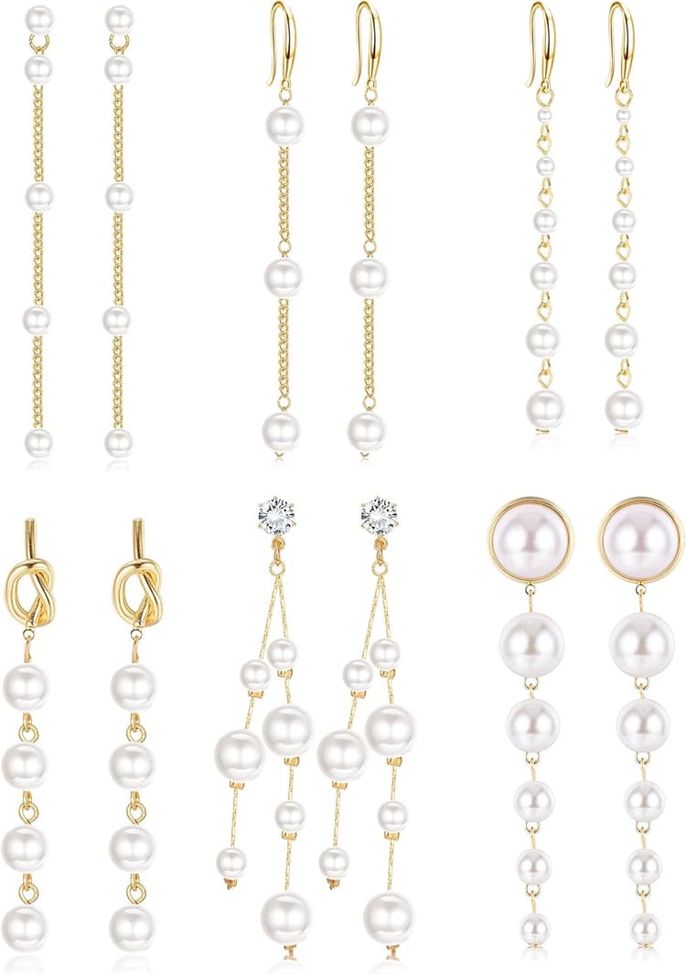 MILACOLATO 6 Paires Longues Boucles d'Oreilles Perles pour Femme Plaqué Or 14K Gland Perle Boucles d'Oreilles Pendantes Argent Or Enfileur Perle Boucles d'Oreilles Pendantes Bijoux pour Mariage