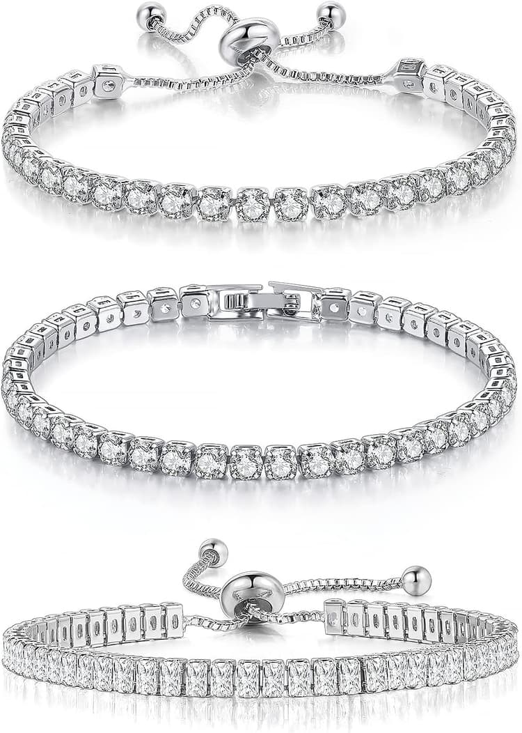 3 Pcs Tennis Bracelets for Women 14K Gold Plated 4mm 5A+ Cubic Zirconia CZ Diamond Classic Adjustable Slider Bracelet Fashion Jewelry Wedding Gift Size 6.5-7.5 Inch