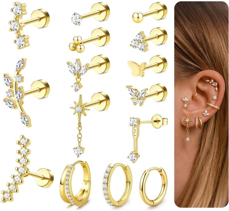 MILACOLATO 15 Pièces Bijoux de Piercing en Hélice Boucle d'Oreille à Plat pour Femmes Boucles d'Oreilles en Acier Chirurgical Hypoallergéniques Clous Créoles et Boucles d Oreille pour Cartilage