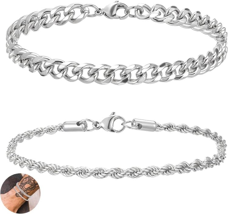 Chain Bracelet for Men 2 Pcs Silver Plated Figaro Rope Cuban Link Bracelet Set Stainless Steel Bracelets Mens Waterproof Metal Chain Bracelets Jewelry for Men Dad Husband Boyfriend