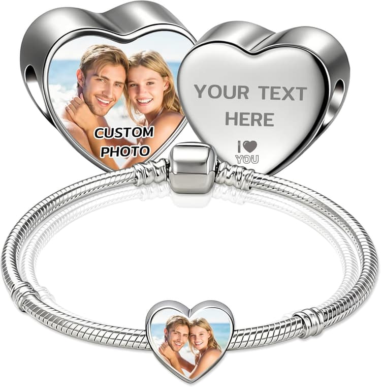 WBW Custom Photo Charm Bracelet for Women Personalized Picture Bracelet with Cute Heart Pendant Customizable Jewelry Chain Name Date Text Valentine‘s Day Gift for Her Girlfriend Wife