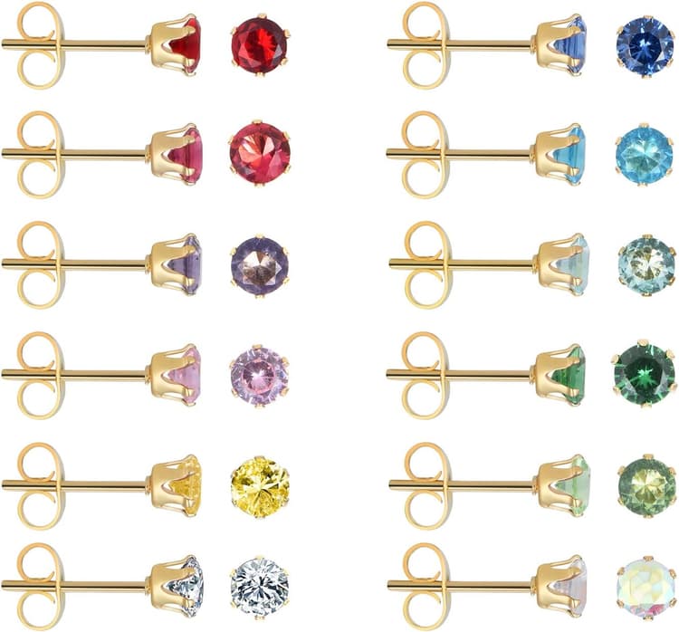 Lot de 12 paires de boucles d'oreilles à tige en acier inoxydable chirurgical plaqué or jaune 18 carats avec oxyde de zirconium 3 mm, 4 mm, 5 mm, 6 mm