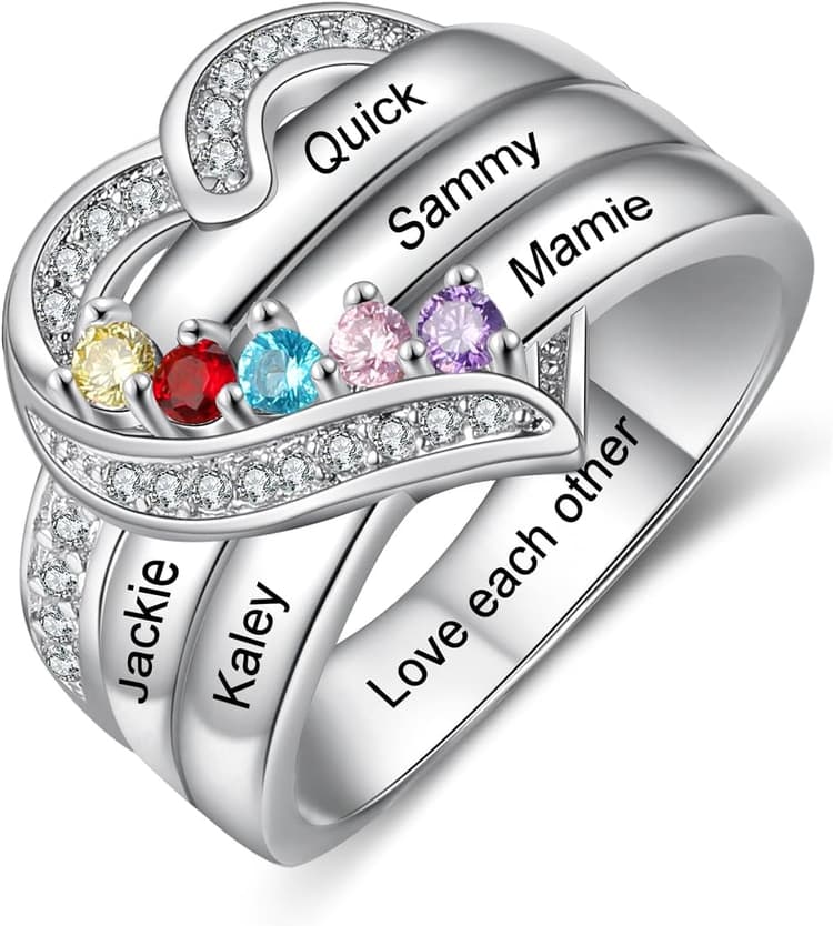 kaululu Bague Personnalisée Argent 925 pour Femme Bague Prénom avec Pierre de Naissance pour Maman, Mamie, Couple Cadeau pour Fête des Mères, Noël, Anniversaire