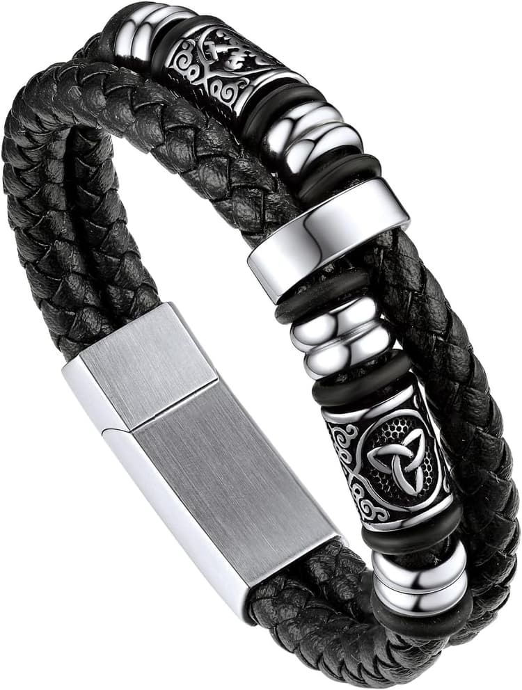 Bandmax Longueur de 19/21/23/25 cm, Bracelet Cuir Homme avec Fermoir Magnétique - Bracelet PU Tressé avec Manchette Double Couche - Pour Papa Fils Petit-ami - Cadeaux Fête des Pères