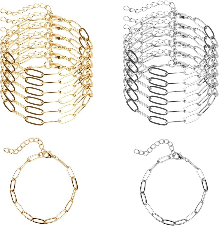 BOXOB 12pcs Chaîne de Bracelet à Breloques, Or Argent Bracelet à Chaîne en Alliage Réglable avec Fermoir Mousqueton pour la Fabrication de Bijoux Bricolage pour Femmes