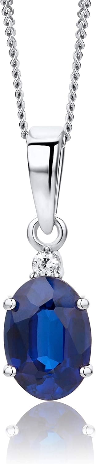 Orovi Collier Femme Or Blanc 9 Carats 375 avec Diamant Solitaire et Pierre Precieuse Émeraude/Rubis/Saphir en forme Ovale, Bijoux Or Hypoallergéniques- Pendentif et Chaîne 45 cm Fait à la Main