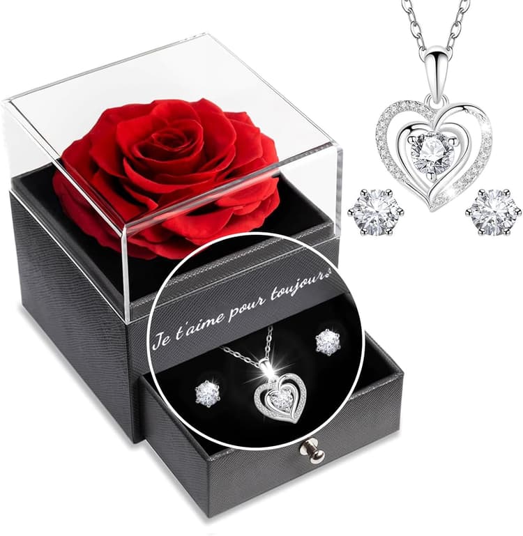 Yamonic Cadeau Saint Valentin Femme,Rose Eternelle avec Bijoux Argent 925 Cadeau Femme, Rose Préservée avec Collier Femmes,Je t'aime Coffret Cadeaux Saint Valentin Anniversaire Cadeaux Maman
