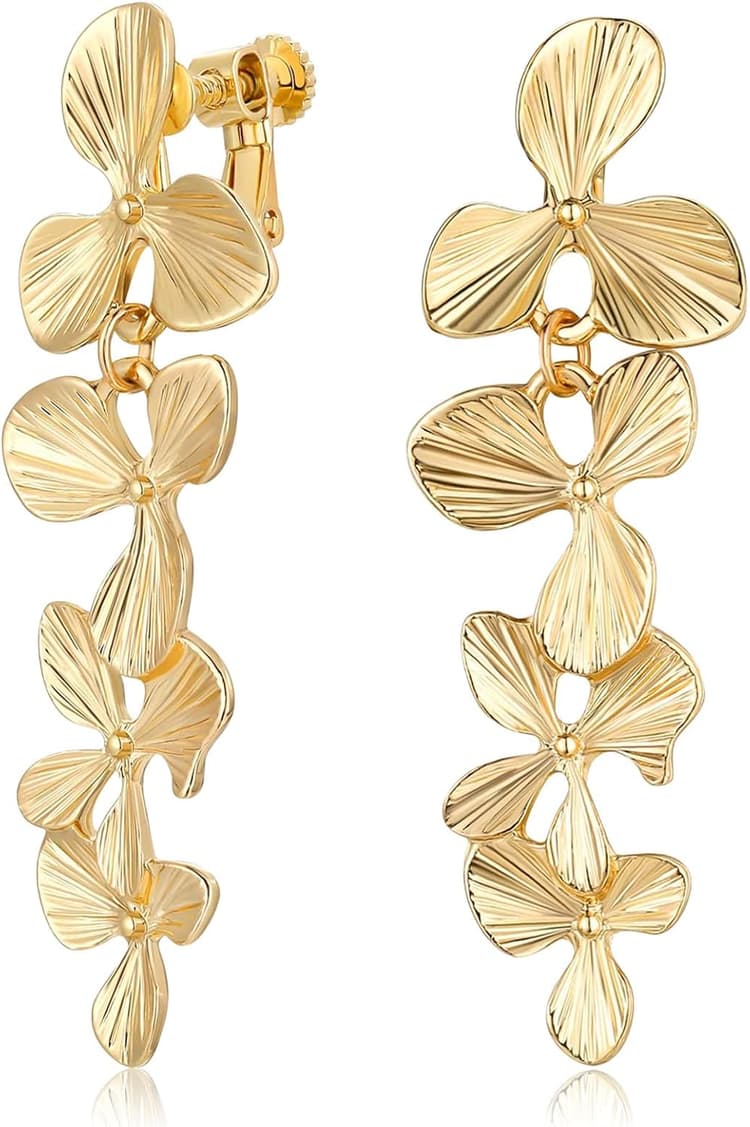 Boucles d'oreilles à clip en or pour femme - Grandes boucles d'oreilles florales - Sans piercing