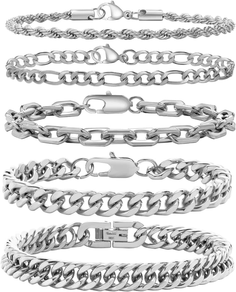 VNOX 5/7 Pcs Chain Bracelet for Men Women - Sturdy Stainless Steel Curb Width Cuban Link Chain Bracelet Set for Men Women,6.5/7/7.4/8.2/9 Inches