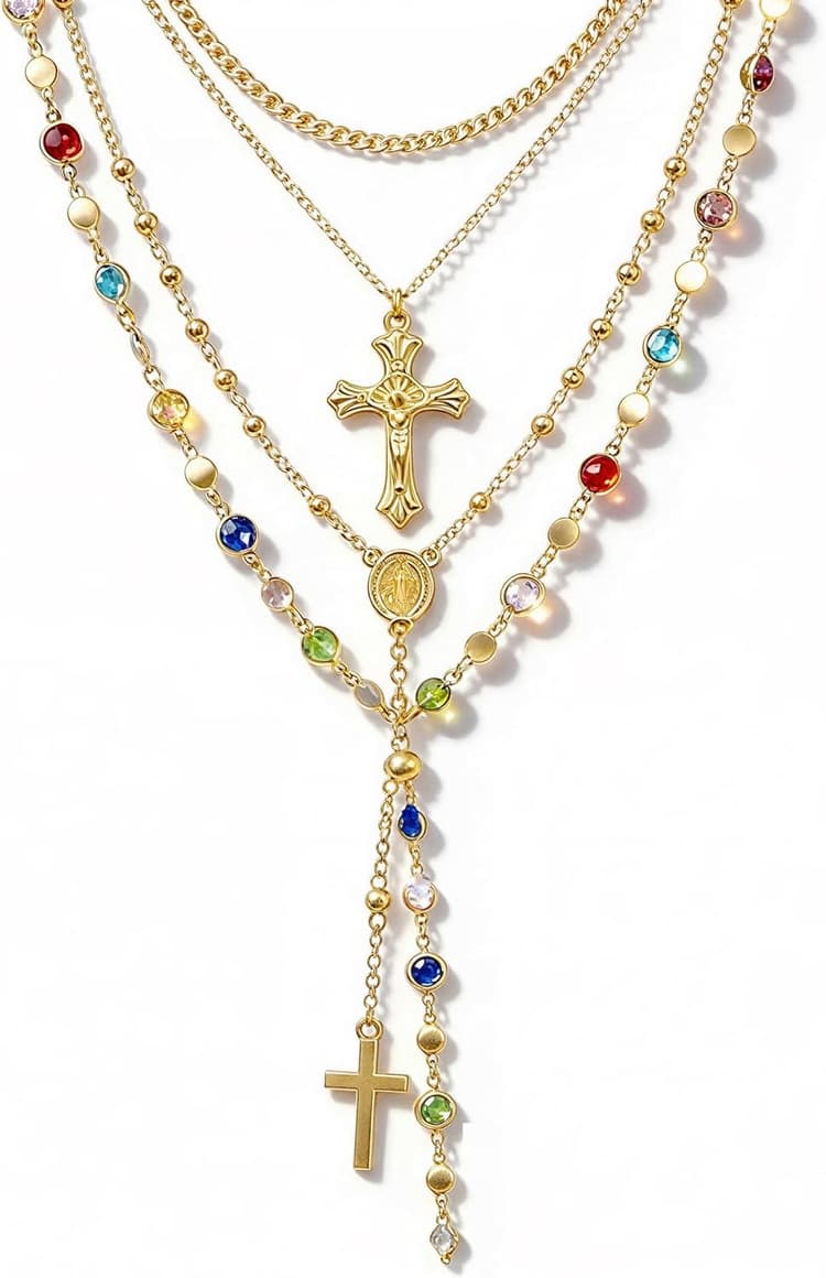 4PCS Layered Gold Cross Necklaces for Women Trendy, Bohemian Bead Pearl Y Long Pendant Necklace Set, Vintage Rosary Necklace Stack Adjustable Length
