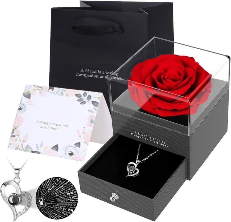 Zynxel Coffret Eternelle de Roses avec Bijoux, Collier Femme boîte de Roses,Pendentif Coeur avec Rose Conservée,Rose Stabilisée Rouge,Cadeau pour Elle la Noël,La Saint-Valentin,Fête des