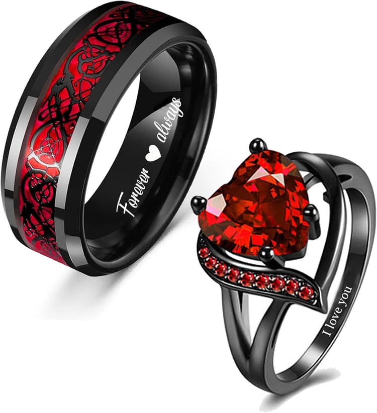 Lot de bagues de fiançailles gravées sur mesure pour elle et lui - Bagues de mariage assorties - Dragon celtique - Tungstène - Rubis rouges - Taille 52-69