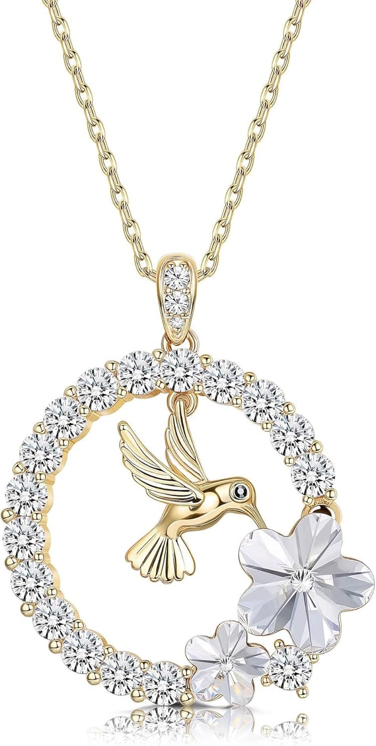Finrezio Collier Pendentif Colibri Plaqué Or 18 Carats pour Femmes Collier Maman Pendentif en Cristal Colliers en Argent Collier Animal Bijoux Cadeaux pour Femmes