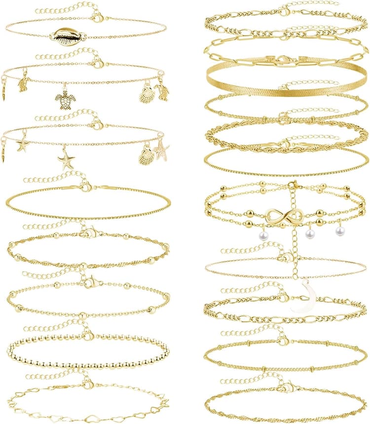 19 Pcs Bracelet Pied Femme Or Chaîne de Cheville Femme Bracelet de Cheville Grande Taille Idéal Or Tendance Délicats Empilable Ajustable Corde Chaîne Perlée Pied Bijoux de Plage, (or)