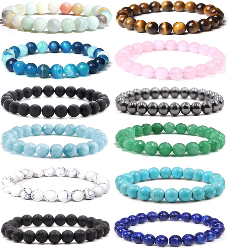Jewdreamer 12Pcs Natural Stone Beaded Bracelets for Women Men Semi-Precious Gemstones Bracelets Crystal Beaded Bracelet Unisex Adjustable Stretch Bracelets 8MM