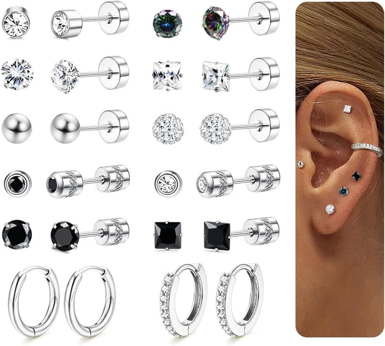12 Paires Boucles d'Oreilles Femme Acier Inoxydable Ensemble Créoles Clous D'oreilles Hypoallergénique Piercing Oreille Helix Cartilage Boucle d Oreille Acier Inoxydable pour Femme Homme Bijoux