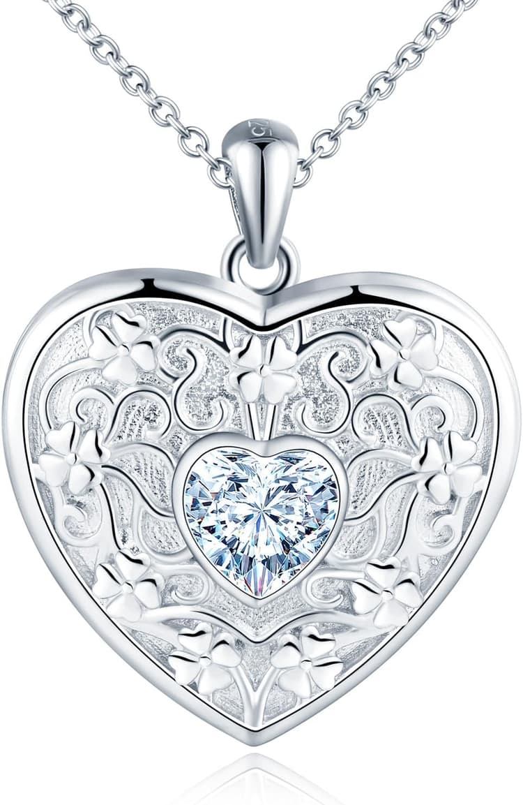MicLee Collier Photo Médaillon Cœur en Argent 925 Femme Fille Créatif Pendentif Locket avec Cœur Zircone Breloque Ouvrable Collier Amulette Mémorial Bijoux Elégant