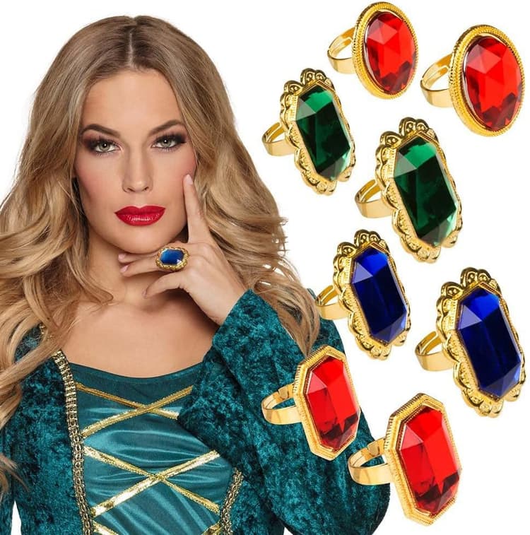 Boland 00636 - Set de 8 bagues, bijoux fantaisie avec pierres colorées, dorées, taille réglable, empereur, roi, conte de fées, accessoire, costume, carnaval, soirée à thème