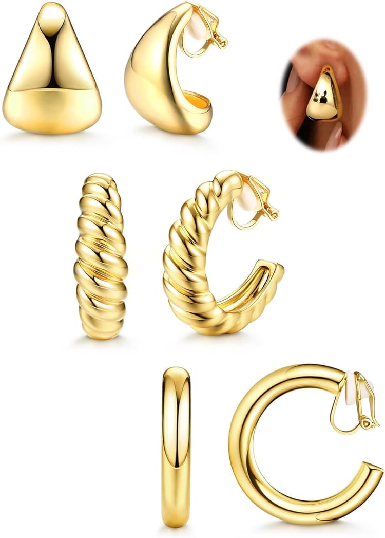 3 Paires Boucles d'Oreilles Femme Or Boucles d'Oreilles Femme Plaqué Or 14K Chunky Tube Croissant Goutte d'eau Boucle d'Oreille Femme Set Clips Oreilles Non Percées Or/Argent