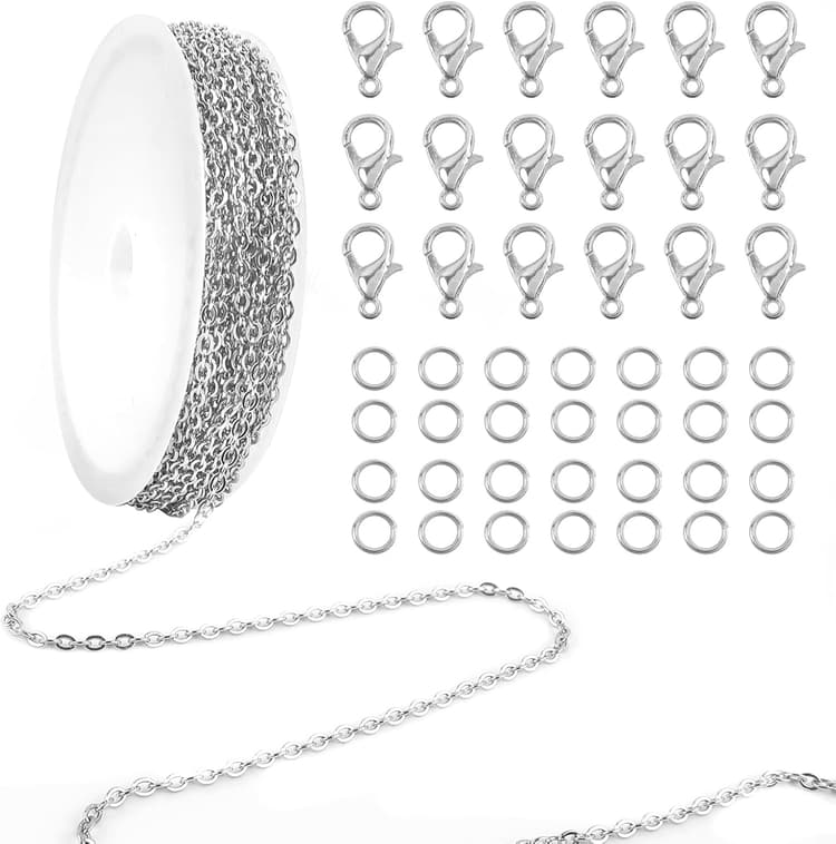 TOAOB 5m Chaînes de Collier en Acier Inoxydable Chainette pour Bijoux Argent avec 20 Fermoirs Mousquetons et 50 Anneau Ouvert pour Bracelet Collier Breloques Fabrication de Bijoux