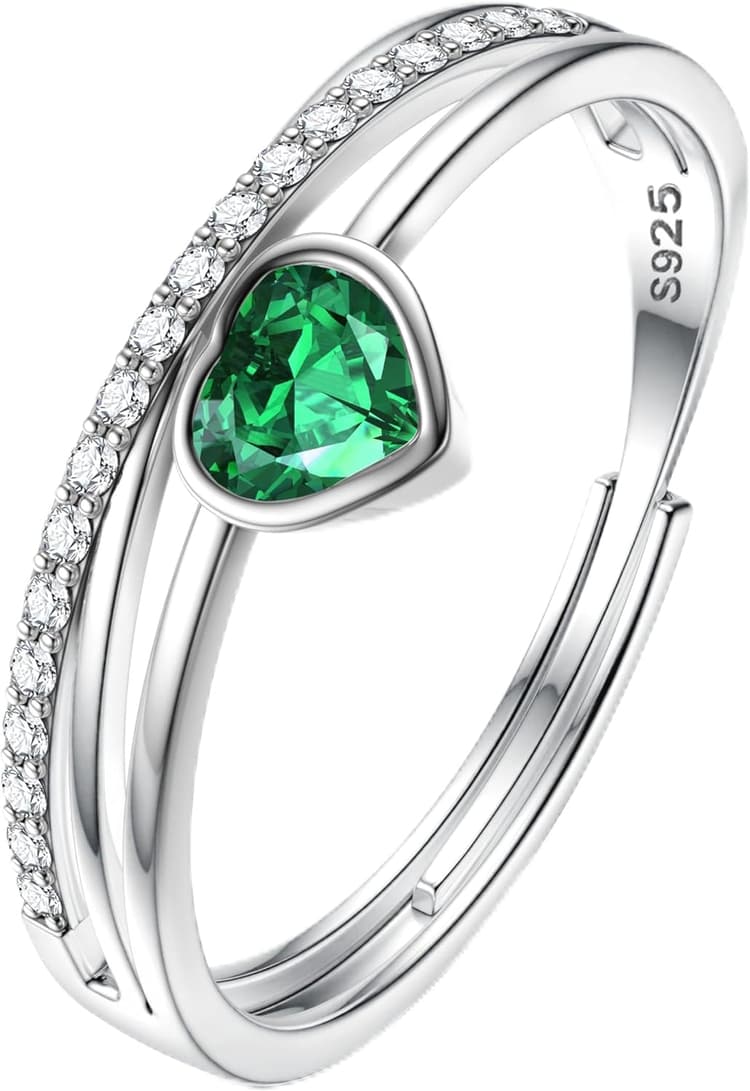 JeweBella Bague Argent 925 Femme Réglable Bagues Pierre de Naissance Coeur Bague Zirconium Couple Fiançailles Alliance Femme Bijoux Cadeau pour Anniversaire