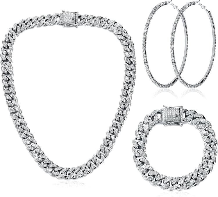 Batiyeer 3 Pcs Cuban Link Chain Necklace Bracelet Rhinestone Hoop Earrings Bling Crystal Hip Hop Jewelry for Women(16 Inch,Silver)