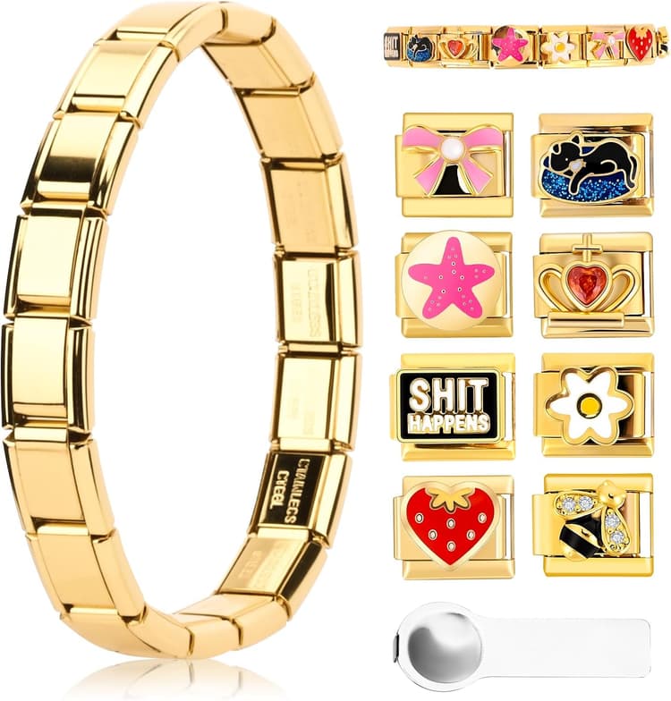 Bracelet à breloques italiens en or, ensemble de bracelets italiens, modules amovibles pour bracelets de 9 mm, bracelets à breloques italiens en or avec outil d'ouverture pour filles et