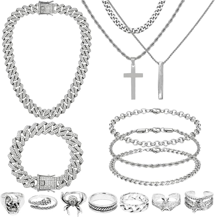 NEWITIN 15 Pieces Silver Jewelry Set for Men Stainless Steel Cuban Link Necklace Bracelet Cross Pendant Necklace Vintage Ring Cuban Jewelry Set for Men Women