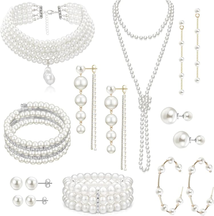 EIELO 16 Pcs Artificial Pearl Necklace Earrings Set for Women Simulated Pearl Bracelet Choker Faux Pearl Necklace Dangle Earrings Jewelry Set