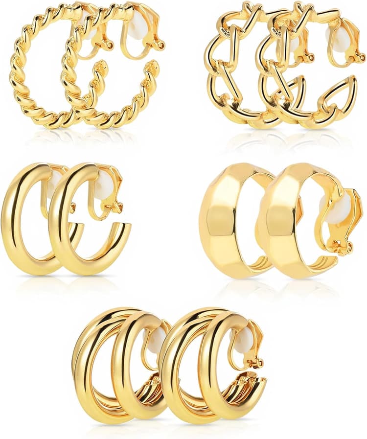 5 Pairs Gold Clip On Hoop Earrings for Women, Stylish Chunky Gold Hoops Earrings Set Golden Clip on Earring No Piercing Fake Earring Set
