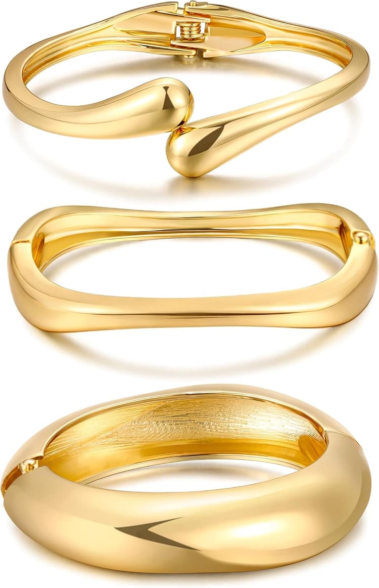 Chunky Gold Bangle Bracelets for Women, Dainty 14k Gold Plated Big Stackable Bangles Set, Trendy Statement Cuff Bracelet Stack Fashion Jewelry Christmas Gifts