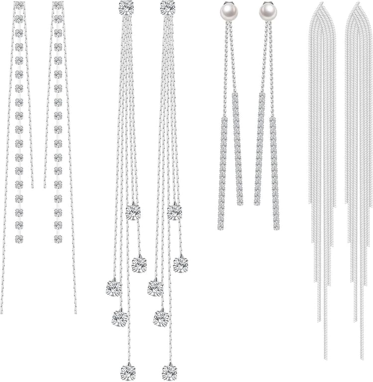 4 Pairs Long Tassel Dangle Drop Earrings Women Metal Chain Earrings Fake Crystal Pearl Rhinestone Wedding Formal Jewelry