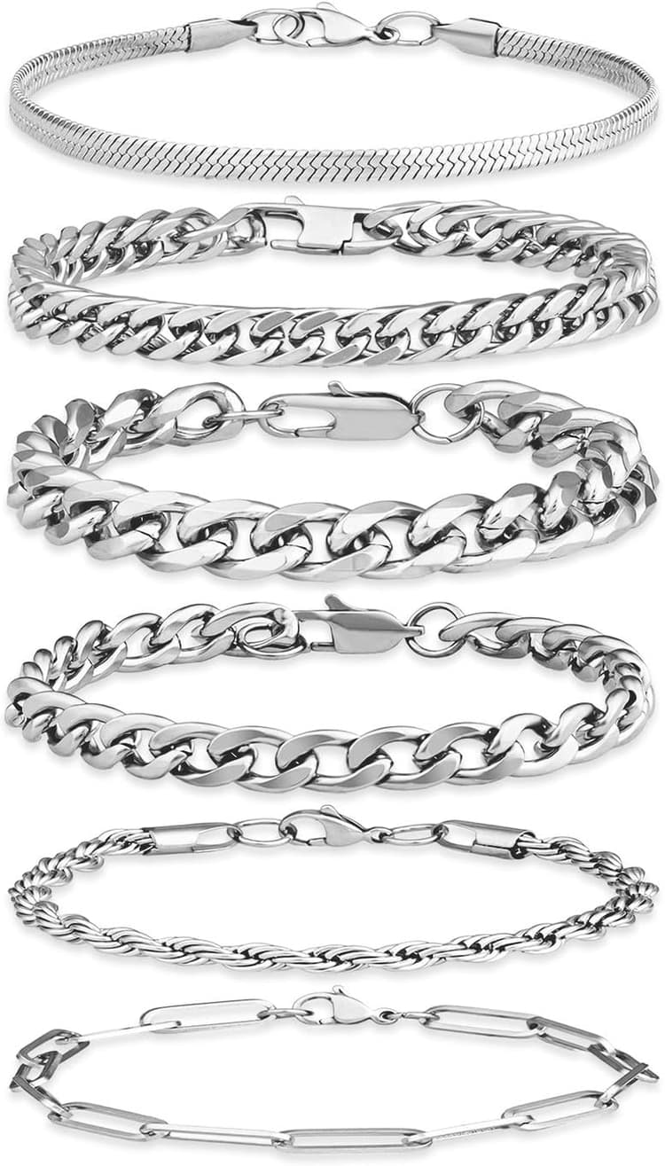 6 Pièces Bracelet Homme en Acier Inoxydable Style Chaîne Cubain Serpent Or Argent Noir Cadeau Élégant pour Homme
