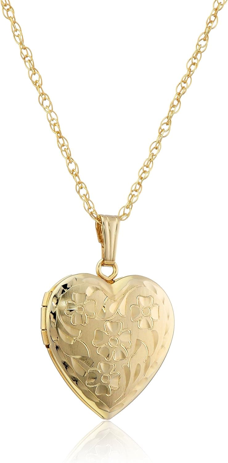 Amazon Essentials 14k Engraved Flowers Heart Locket Necklace, 18"