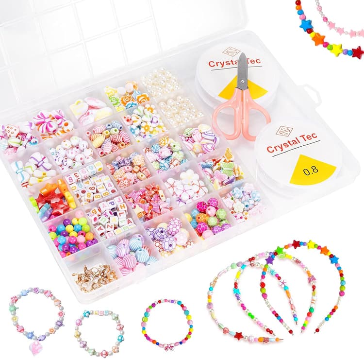 Carehabi Perle pour Bracelet Enfant Fille, Kit Perles Bijoux, Coffret Perles Set avec Cordon Elastique, Creation bracelets d'amitié Colliers pour Noël Anniversaire Fête