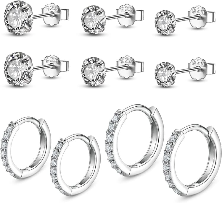 5 Paires Boucles en Argent Sterling 925 Ensemble pour Femme 8.5mm/10.5mm, 925 Zircon Cubique Clous D'oreilles Hypoallergénique Boucles(3 mm/4 mm/5 mm)
