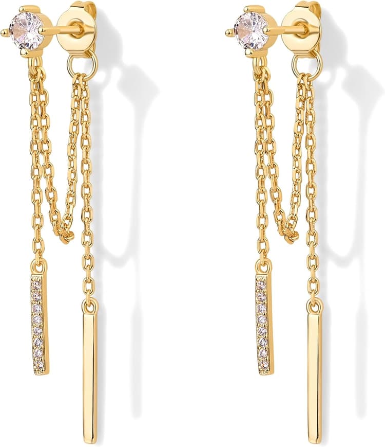 PAVOI 18K Gold Plated 925 Sterling Silver Posts Drop Dangle Chain Earrings for Women | Dangling Chain Studs | Cubic Zirconia Ball Threader Earscapes Earrings